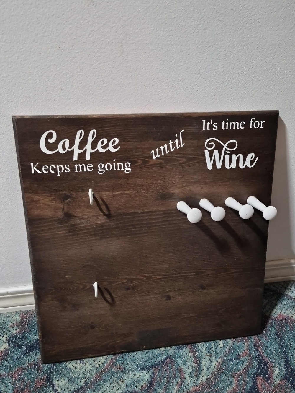 Source Unknown Brown Wood Wall Hook Board with White Hooks and White Lettering